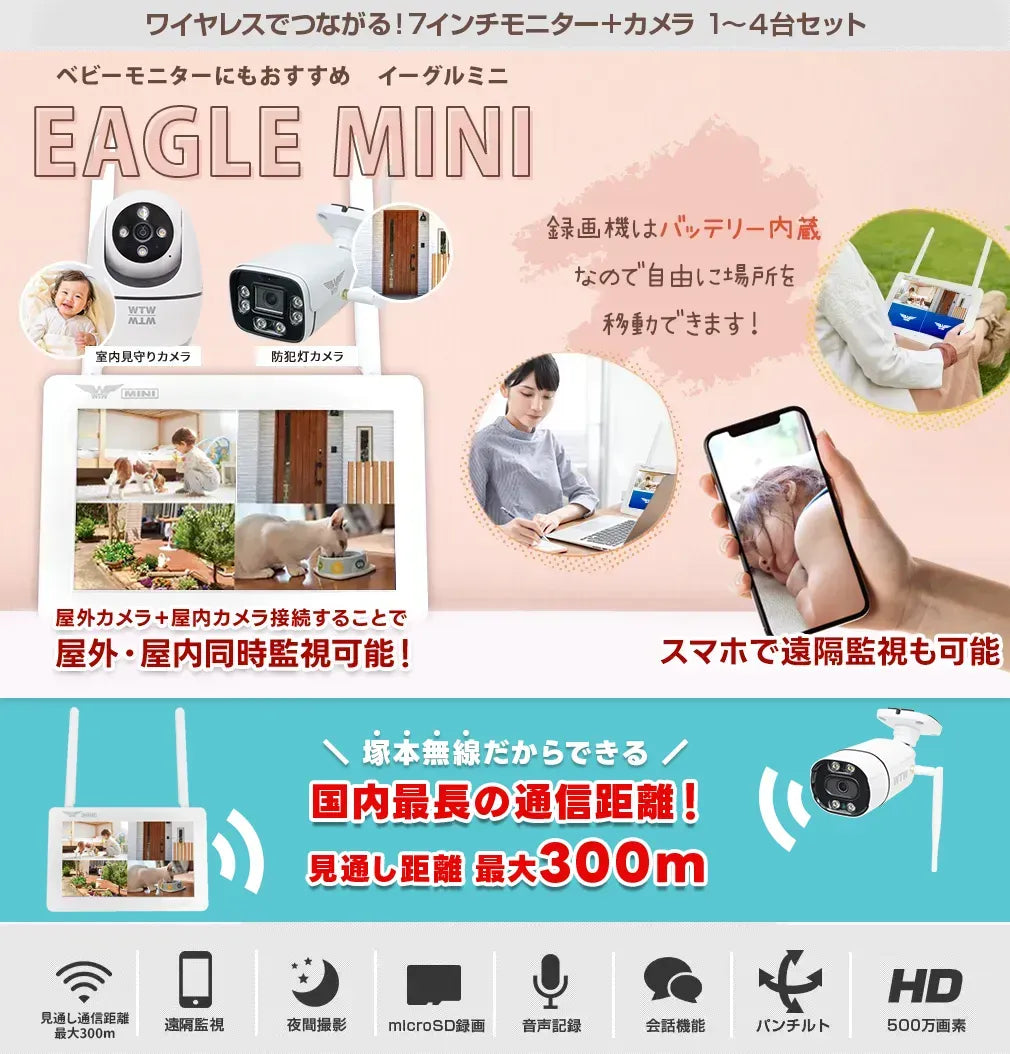 塚本無線　Eagle Mini Stand 防犯カメラ 500万画素1.0TB イーグルスタンド WIFI ペットカメラ 玄関灯 防犯灯カメラと7インチ