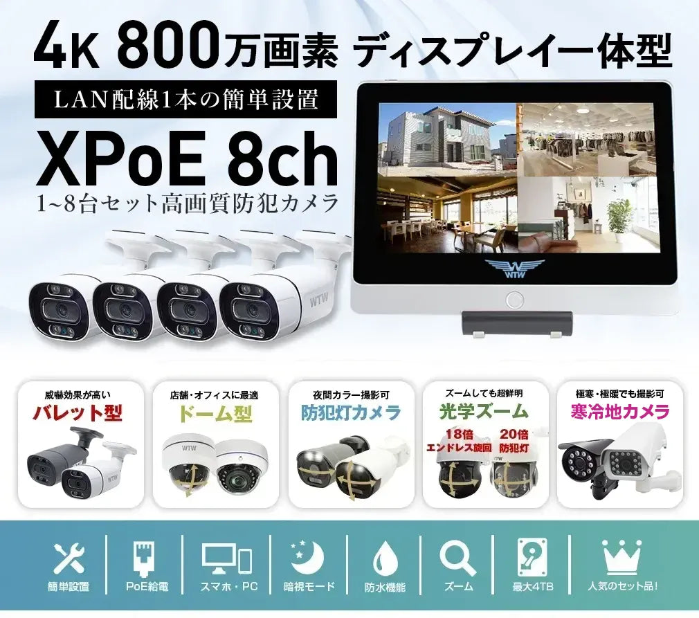 最新ハイスペック 4K800万画素XPoE 12インチモニター一体型録画機・カメラ1～8台セット！ LANケーブル1本でカメラの電源を給電するので、設置場所に電源工事が不要！